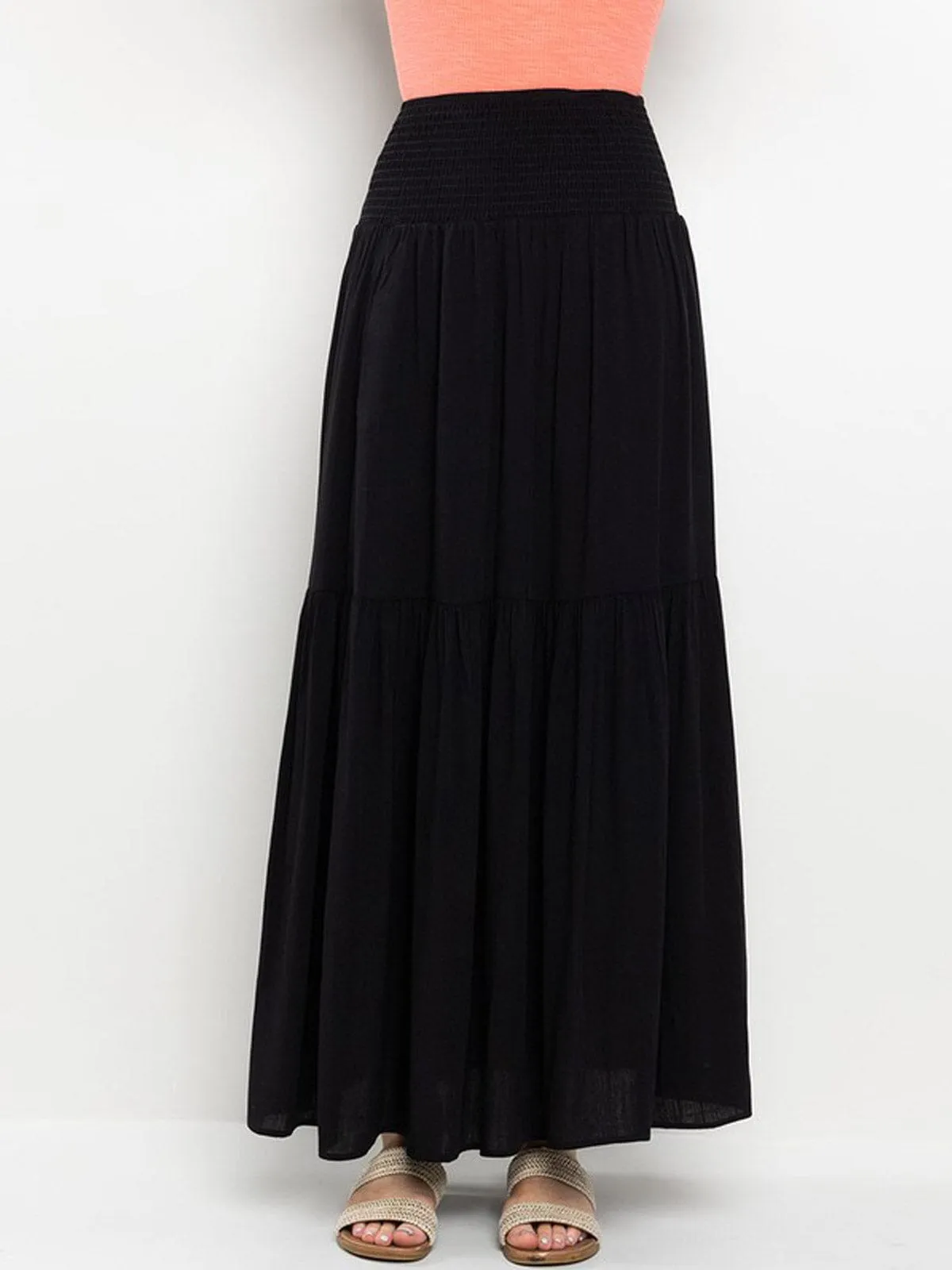 WOMEN'S ELASTIC WAIST TIERED FRONT POCKETS MAXI SKIRT