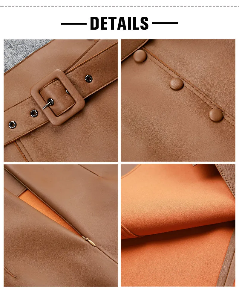 Women's Leather Sheepskin Skirt A-line Belt Button Commuter Asymmetric Design 2022 Autumn Winter New TF4748