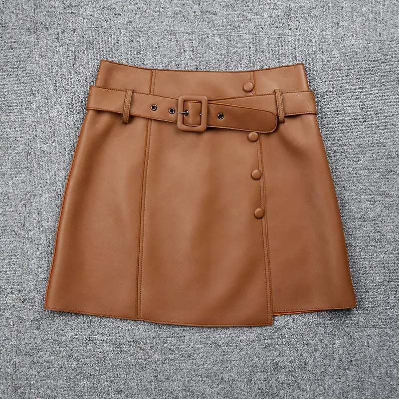 Women's Leather Sheepskin Skirt A-line Belt Button Commuter Asymmetric Design 2022 Autumn Winter New TF4748