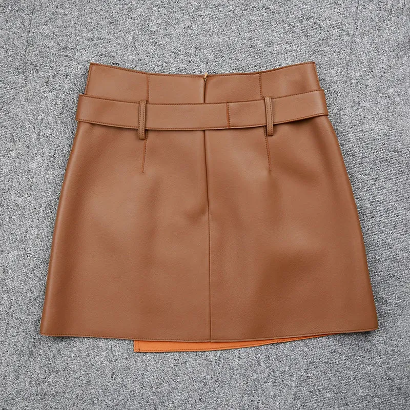 Women's Leather Sheepskin Skirt A-line Belt Button Commuter Asymmetric Design 2022 Autumn Winter New TF4748