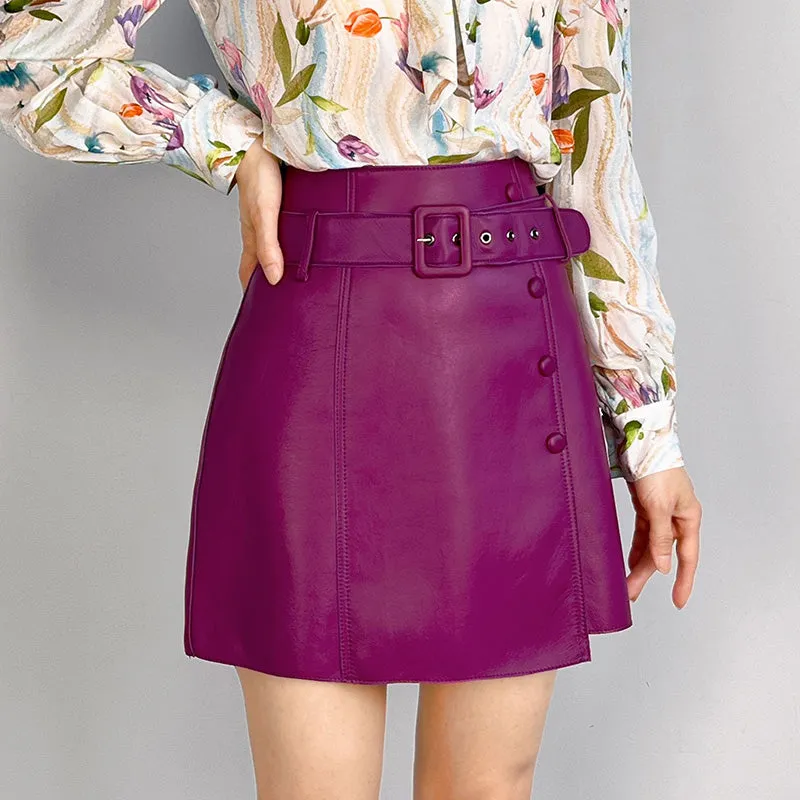 Women's Leather Sheepskin Skirt A-line Belt Button Commuter Asymmetric Design 2022 Autumn Winter New TF4748