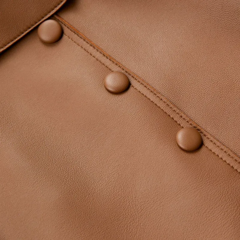 Women's Leather Sheepskin Skirt A-line Belt Button Commuter Asymmetric Design 2022 Autumn Winter New TF4748