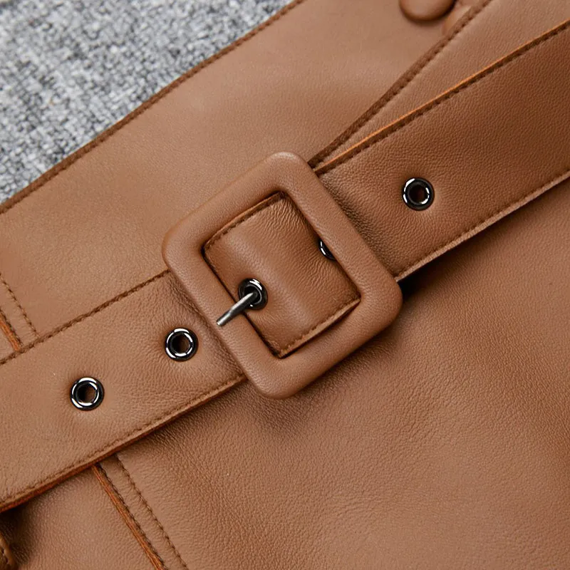 Women's Leather Sheepskin Skirt A-line Belt Button Commuter Asymmetric Design 2022 Autumn Winter New TF4748