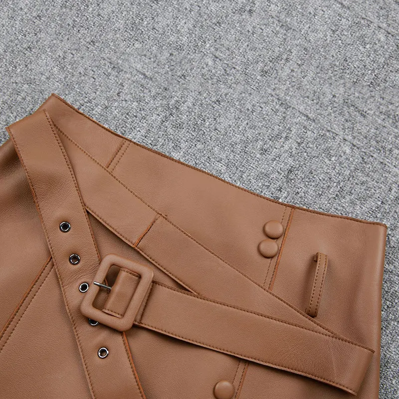 Women's Leather Sheepskin Skirt A-line Belt Button Commuter Asymmetric Design 2022 Autumn Winter New TF4748