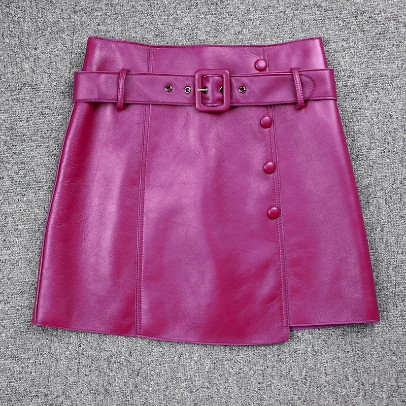 Women's Leather Sheepskin Skirt A-line Belt Button Commuter Asymmetric Design 2022 Autumn Winter New TF4748