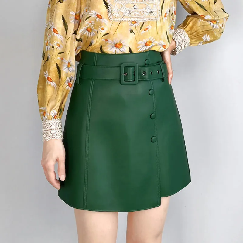 Women's Leather Sheepskin Skirt A-line Belt Button Commuter Asymmetric Design 2022 Autumn Winter New TF4748