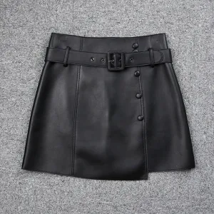 Women's Leather Sheepskin Skirt A-line Belt Button Commuter Asymmetric Design 2022 Autumn Winter New TF4748