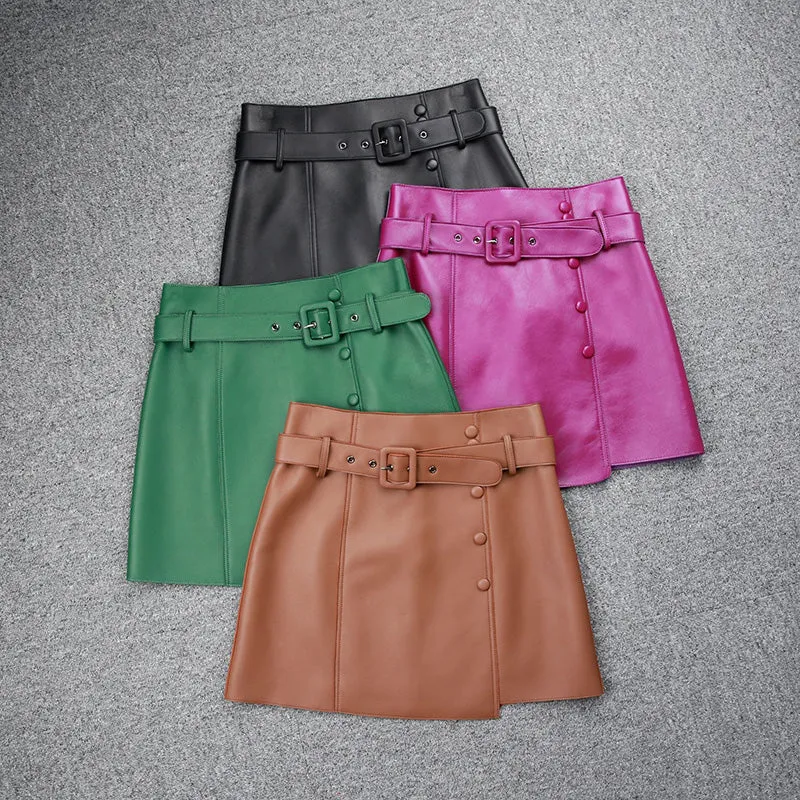 Women's Leather Sheepskin Skirt A-line Belt Button Commuter Asymmetric Design 2022 Autumn Winter New TF4748