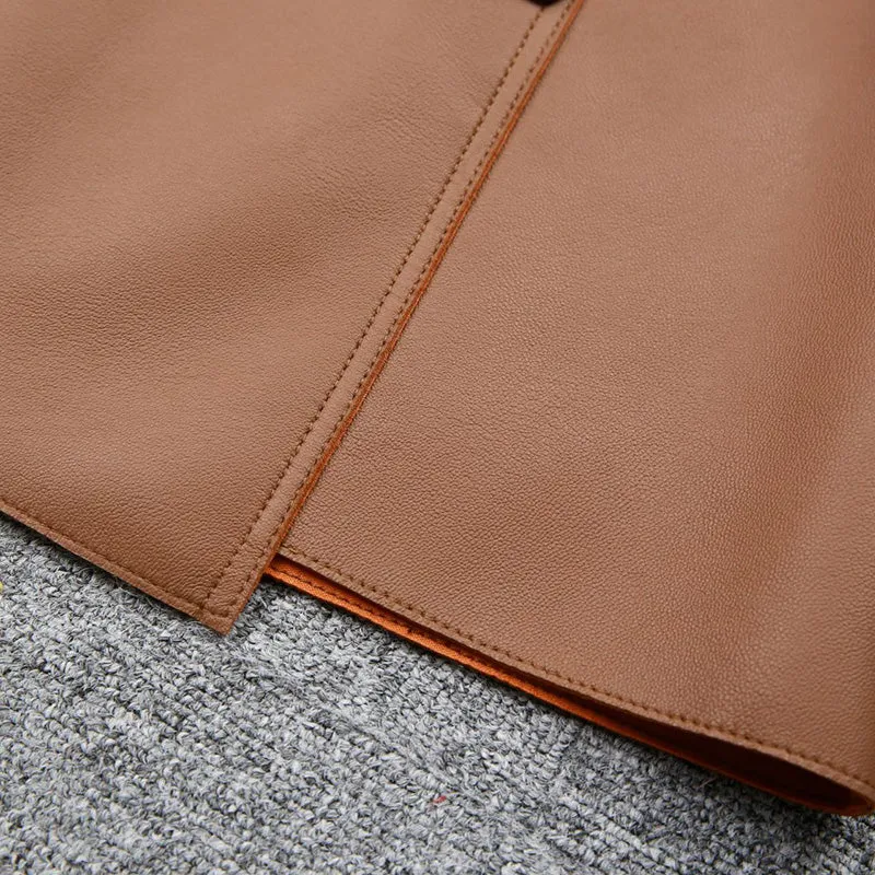 Women's Leather Sheepskin Skirt A-line Belt Button Commuter Asymmetric Design 2022 Autumn Winter New TF4748
