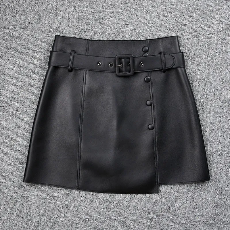 Women's Leather Sheepskin Skirt A-line Belt Button Commuter Asymmetric Design 2022 Autumn Winter New TF4748