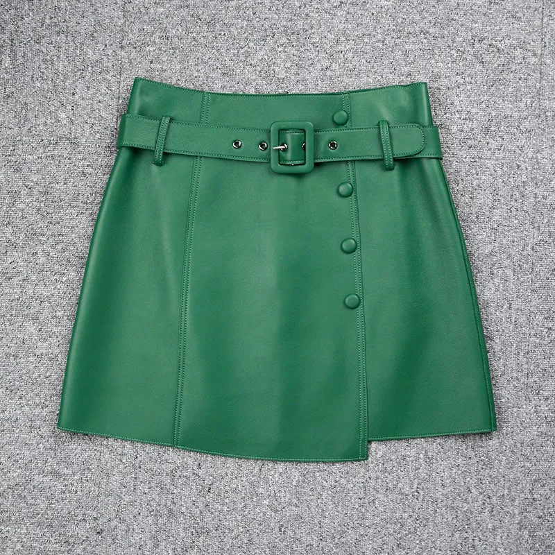 Women's Leather Sheepskin Skirt A-line Belt Button Commuter Asymmetric Design 2022 Autumn Winter New TF4748