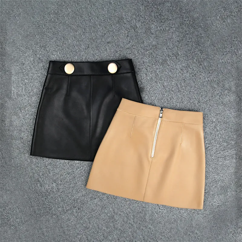 Women's Leather Skirt Fashion Simple Button Design A-line Sheepskin Short Skirt Commuter 2022 Autumn Winter New TF4787