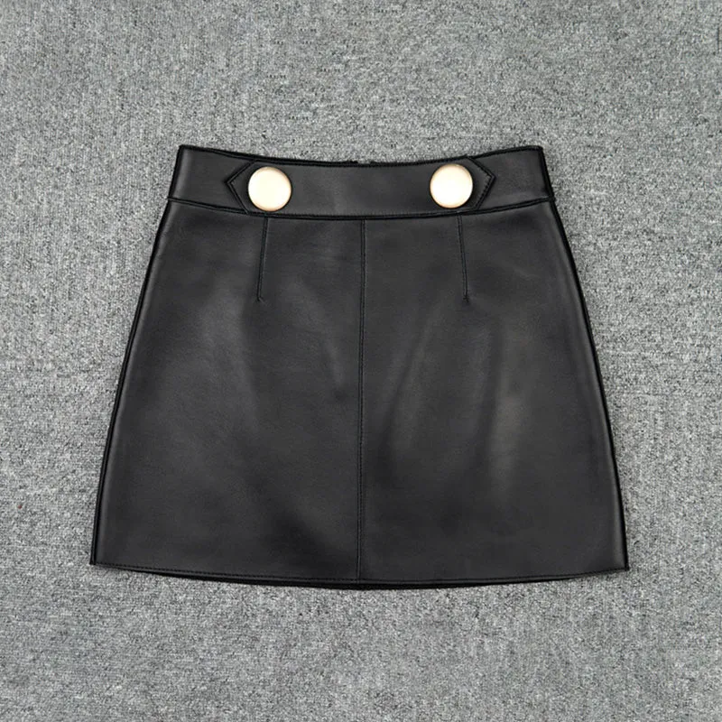 Women's Leather Skirt Fashion Simple Button Design A-line Sheepskin Short Skirt Commuter 2022 Autumn Winter New TF4787