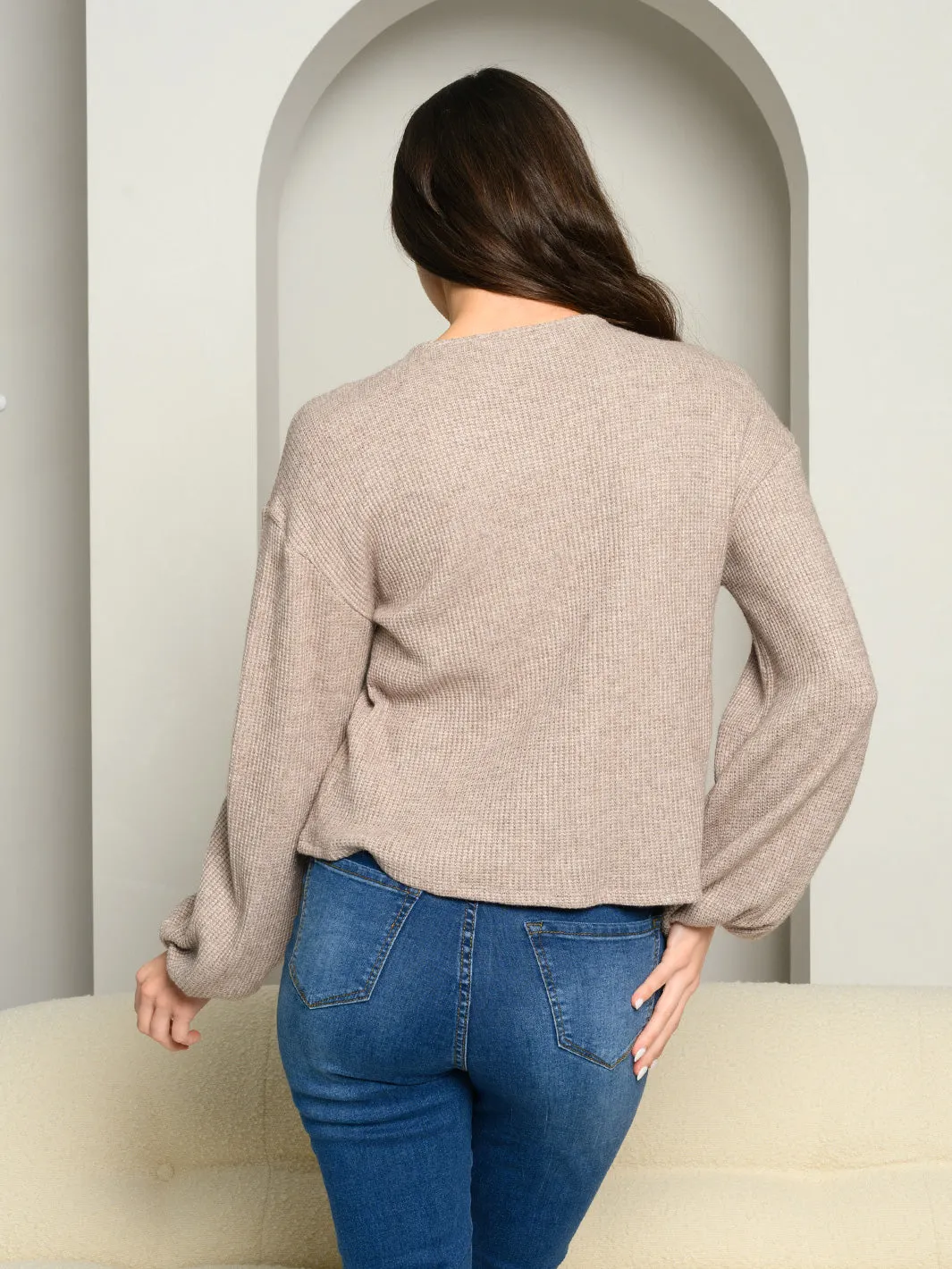 WOMEN'S LONG BALLON SLEEVE V-NECK KNIT TUNIC TOP