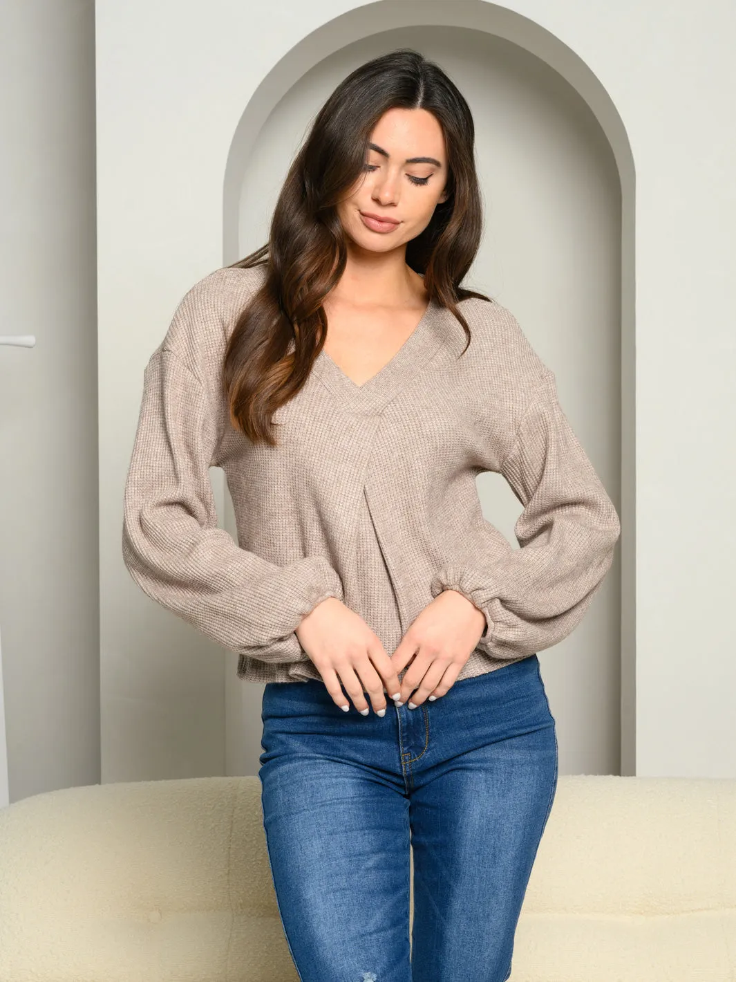 WOMEN'S LONG BALLON SLEEVE V-NECK KNIT TUNIC TOP