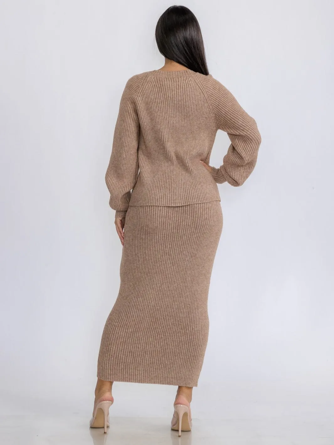WOMEN'S LONG SLEEVE TOP & PENCIL MAXI SKIRT RIBBED 2PC.SET