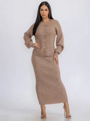 WOMEN'S LONG SLEEVE TOP & PENCIL MAXI SKIRT RIBBED 2PC.SET