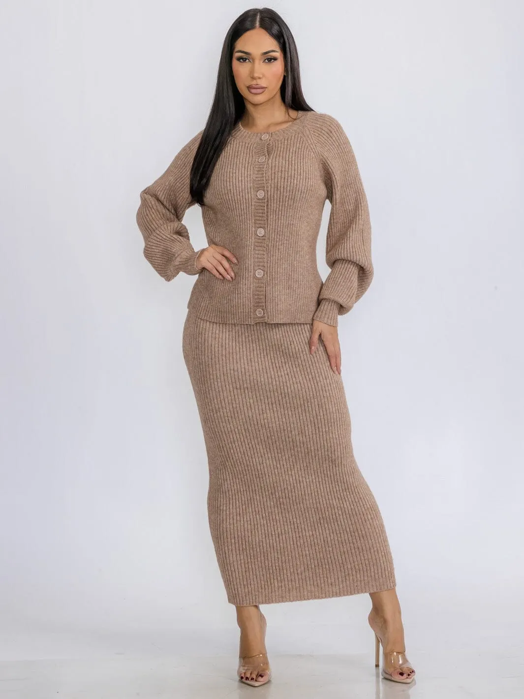 WOMEN'S LONG SLEEVE TOP & PENCIL MAXI SKIRT RIBBED 2PC.SET