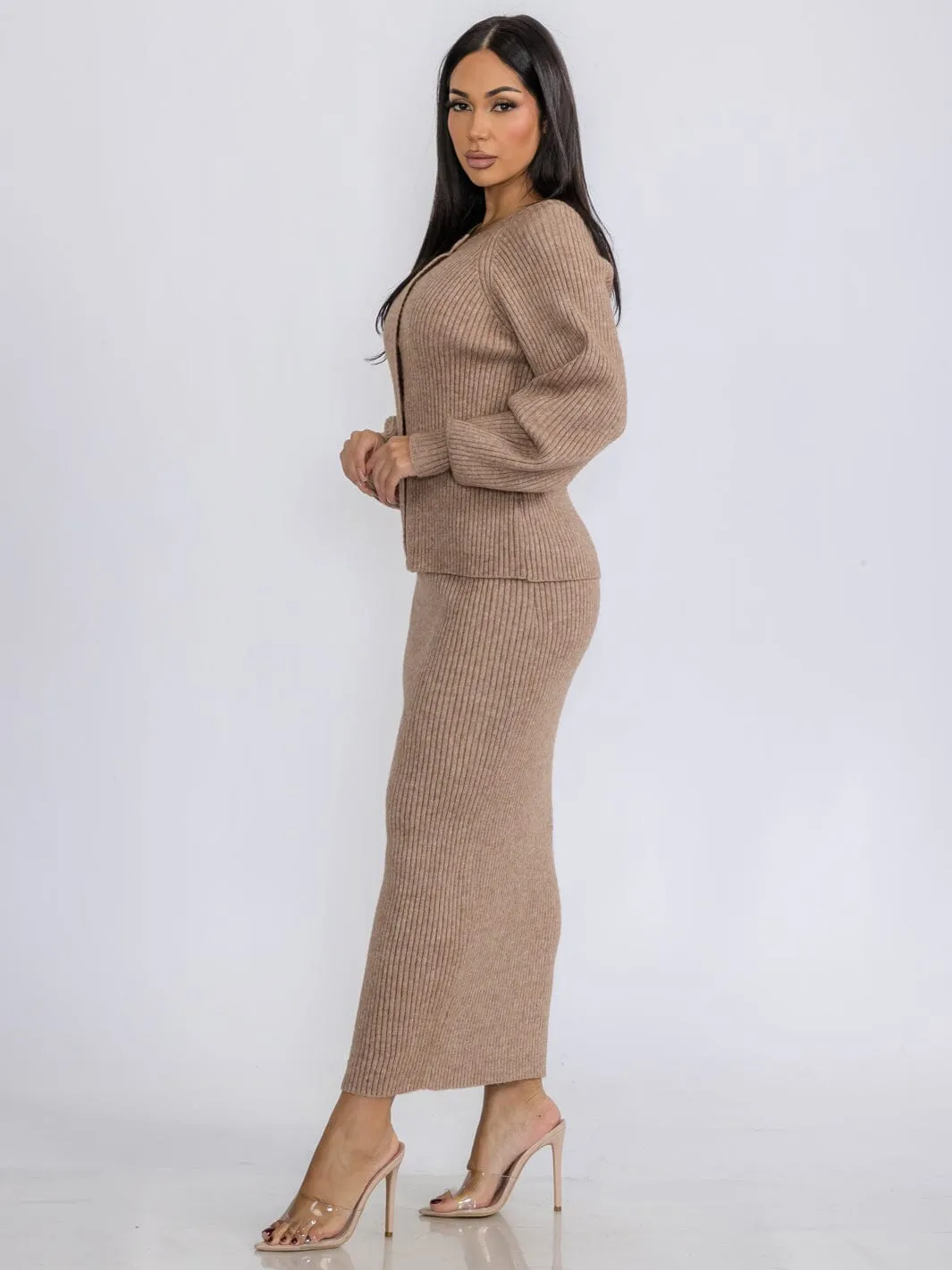 WOMEN'S LONG SLEEVE TOP & PENCIL MAXI SKIRT RIBBED 2PC.SET