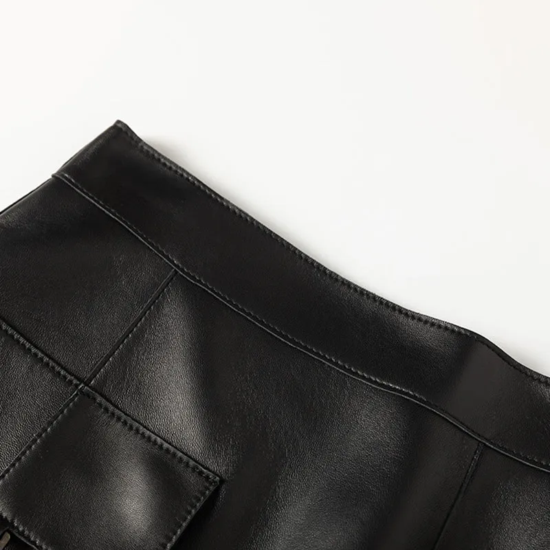 Women's Real Leather Sheepskin Skirt A-Line Pocket Design Solid Wrap Hip Short Skirt 2022 Spring Autumn New SY3976