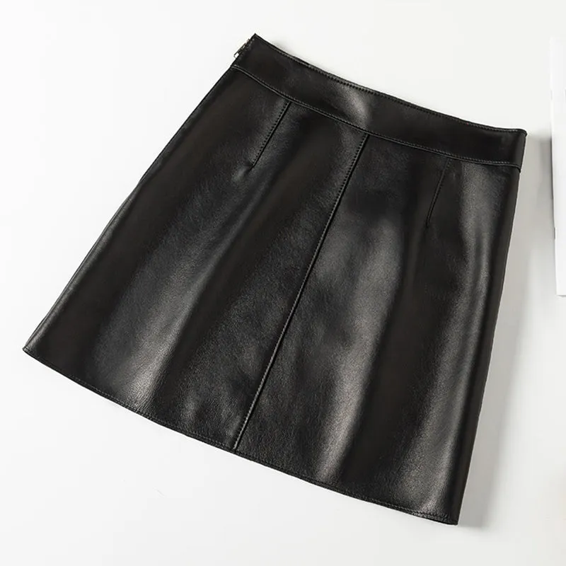Women's Real Leather Sheepskin Skirt A-Line Pocket Design Solid Wrap Hip Short Skirt 2022 Spring Autumn New SY3976