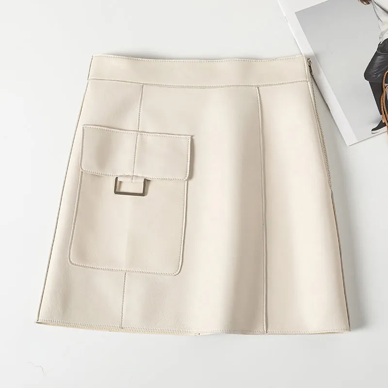 Women's Real Leather Sheepskin Skirt A-Line Pocket Design Solid Wrap Hip Short Skirt 2022 Spring Autumn New SY3976