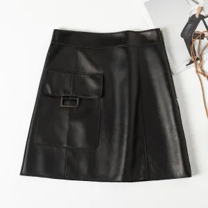 Women's Real Leather Sheepskin Skirt A-Line Pocket Design Solid Wrap Hip Short Skirt 2022 Spring Autumn New SY3976
