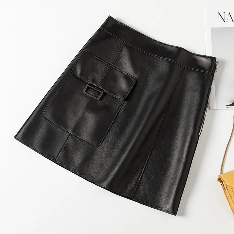 Women's Real Leather Sheepskin Skirt A-Line Pocket Design Solid Wrap Hip Short Skirt 2022 Spring Autumn New SY3976