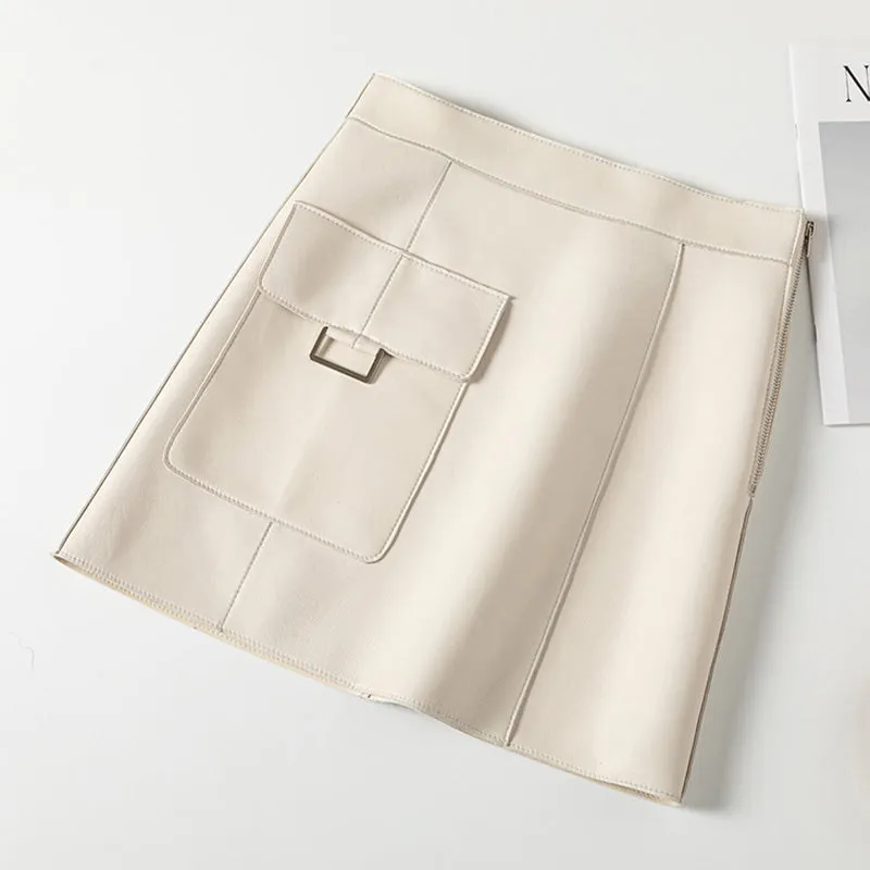 Women's Real Leather Sheepskin Skirt A-Line Pocket Design Solid Wrap Hip Short Skirt 2022 Spring Autumn New SY3976