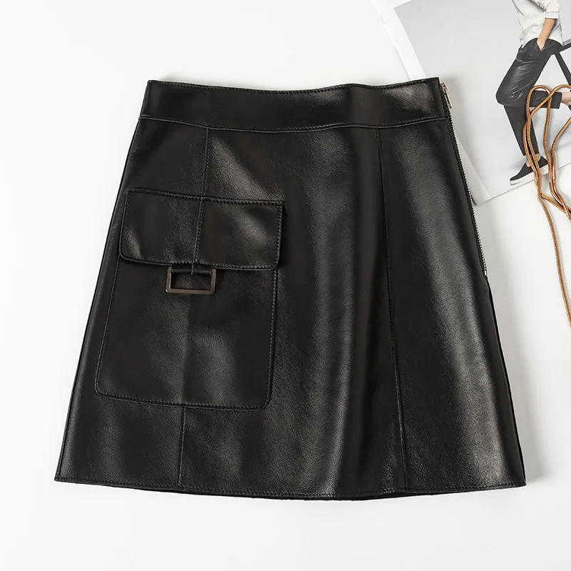 Women's Real Leather Sheepskin Skirt A-Line Pocket Design Solid Wrap Hip Short Skirt 2022 Spring Autumn New SY3976