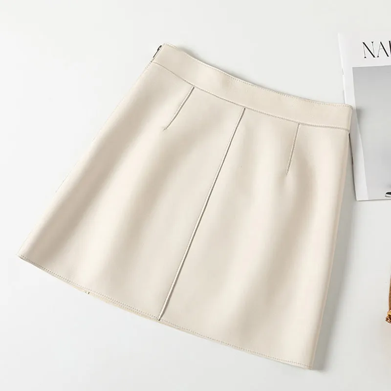 Women's Real Leather Sheepskin Skirt A-Line Pocket Design Solid Wrap Hip Short Skirt 2022 Spring Autumn New SY3976