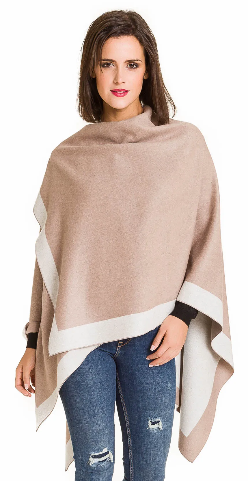 Women's Shawl Wrap Poncho Ruana Cape Cardigan Sweater Open Front (Beige White)
