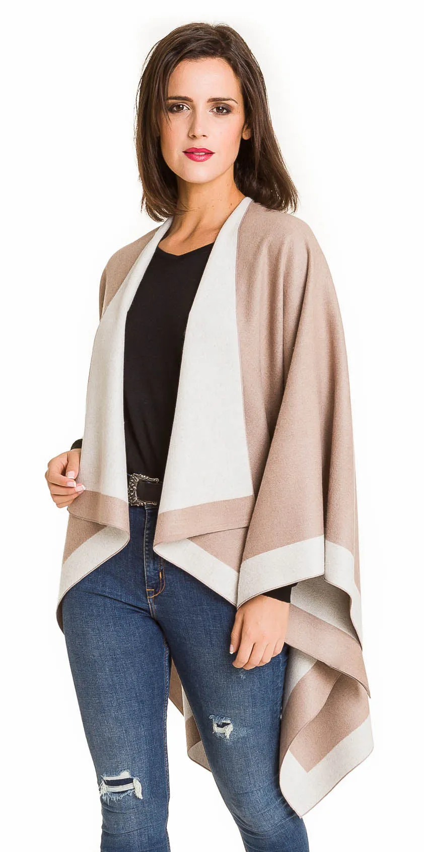 Women's Shawl Wrap Poncho Ruana Cape Cardigan Sweater Open Front (Beige White)
