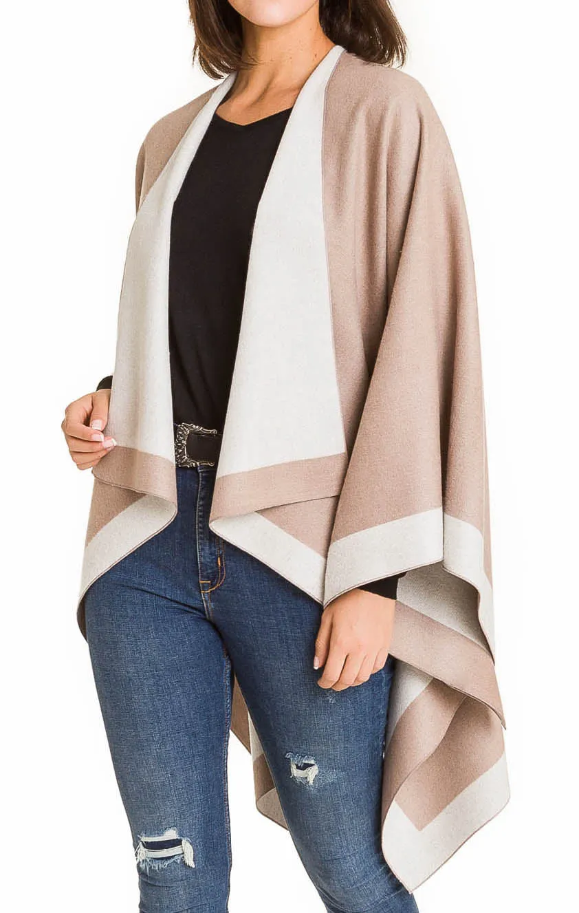 Women's Shawl Wrap Poncho Ruana Cape Cardigan Sweater Open Front (Beige White)