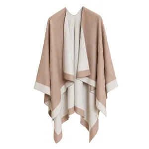 Women's Shawl Wrap Poncho Ruana Cape Cardigan Sweater Open Front (Beige White)