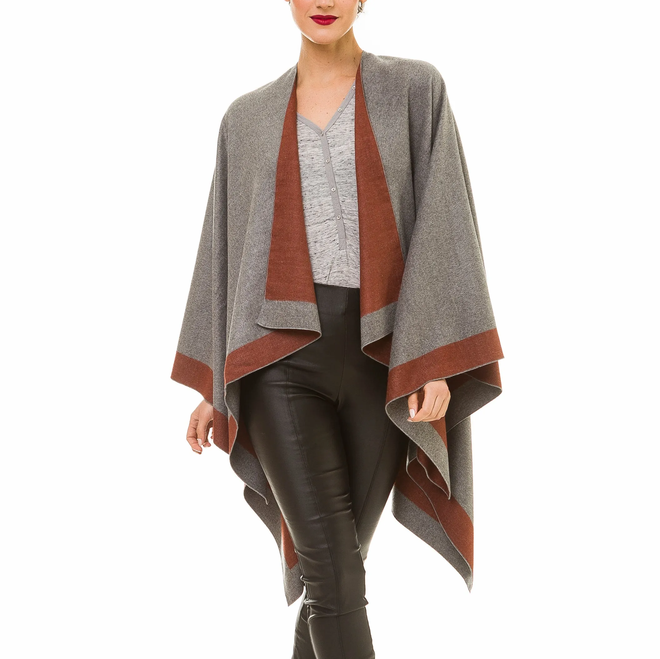 Women's Shawl Wrap Poncho Ruana Cape Cardigan Sweater Open Front (Gray Caramel)