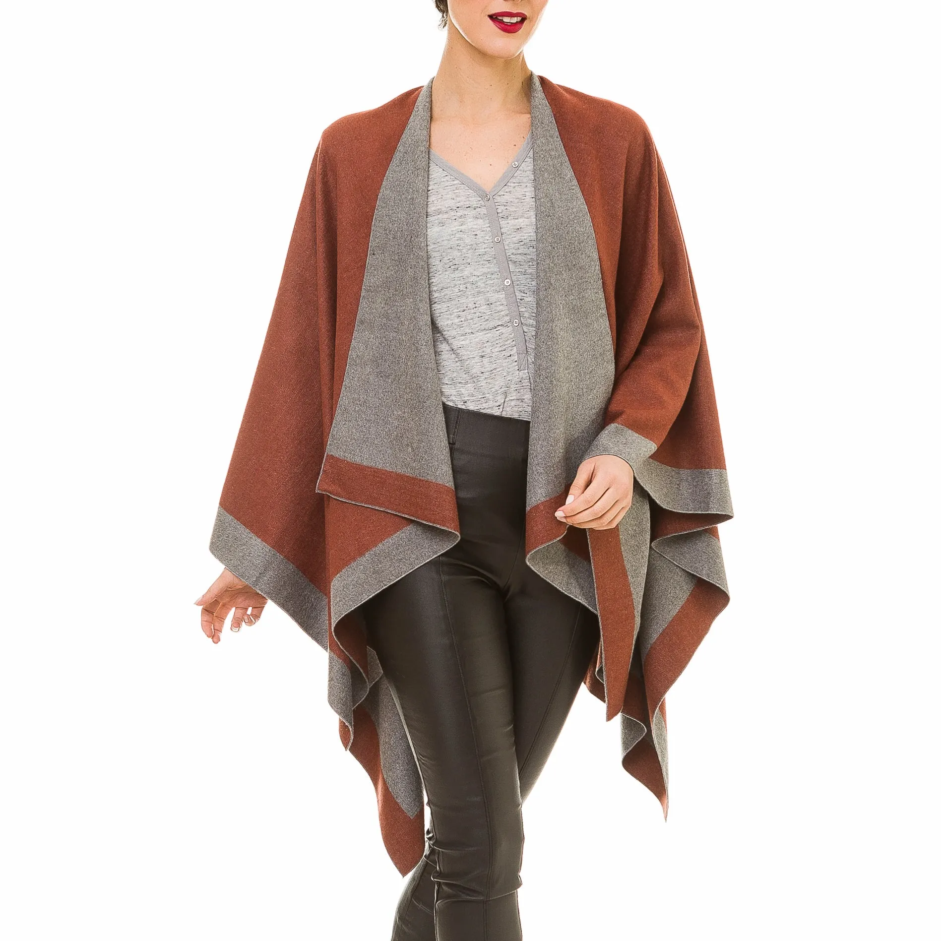 Women's Shawl Wrap Poncho Ruana Cape Cardigan Sweater Open Front (Gray Caramel)