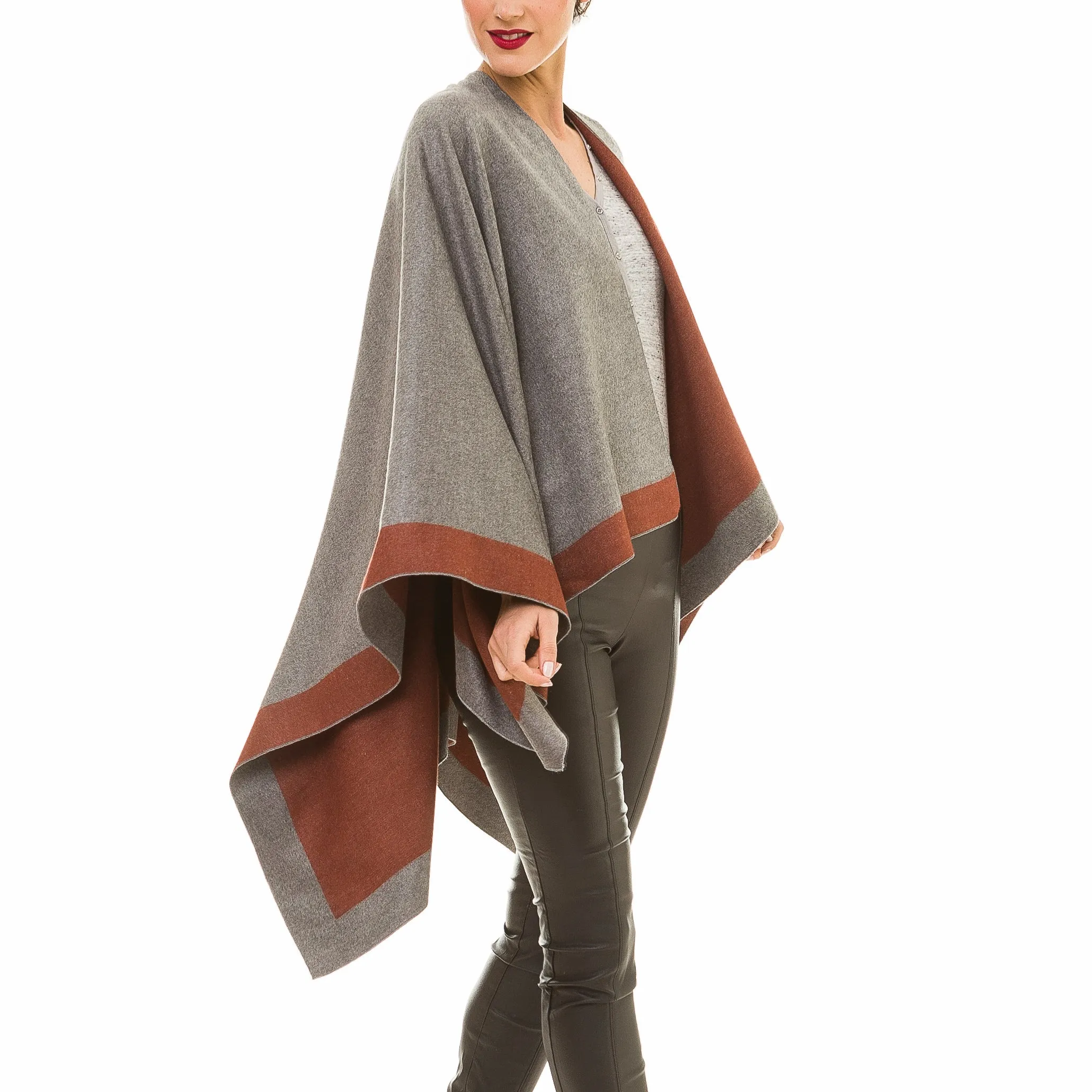 Women's Shawl Wrap Poncho Ruana Cape Cardigan Sweater Open Front (Gray Caramel)