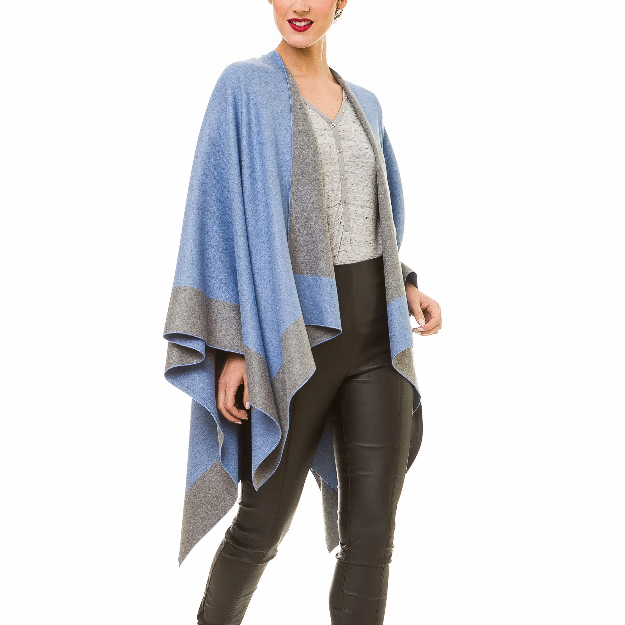 Women's Shawl Wrap Poncho Ruana Cape Cardigan Sweater Open Front (Gray Dark Blue)