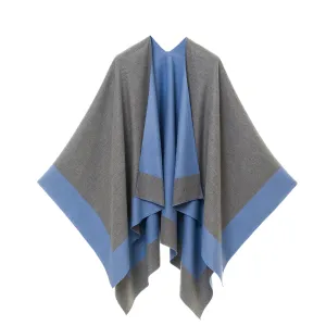 Women's Shawl Wrap Poncho Ruana Cape Cardigan Sweater Open Front (Gray Dark Blue)