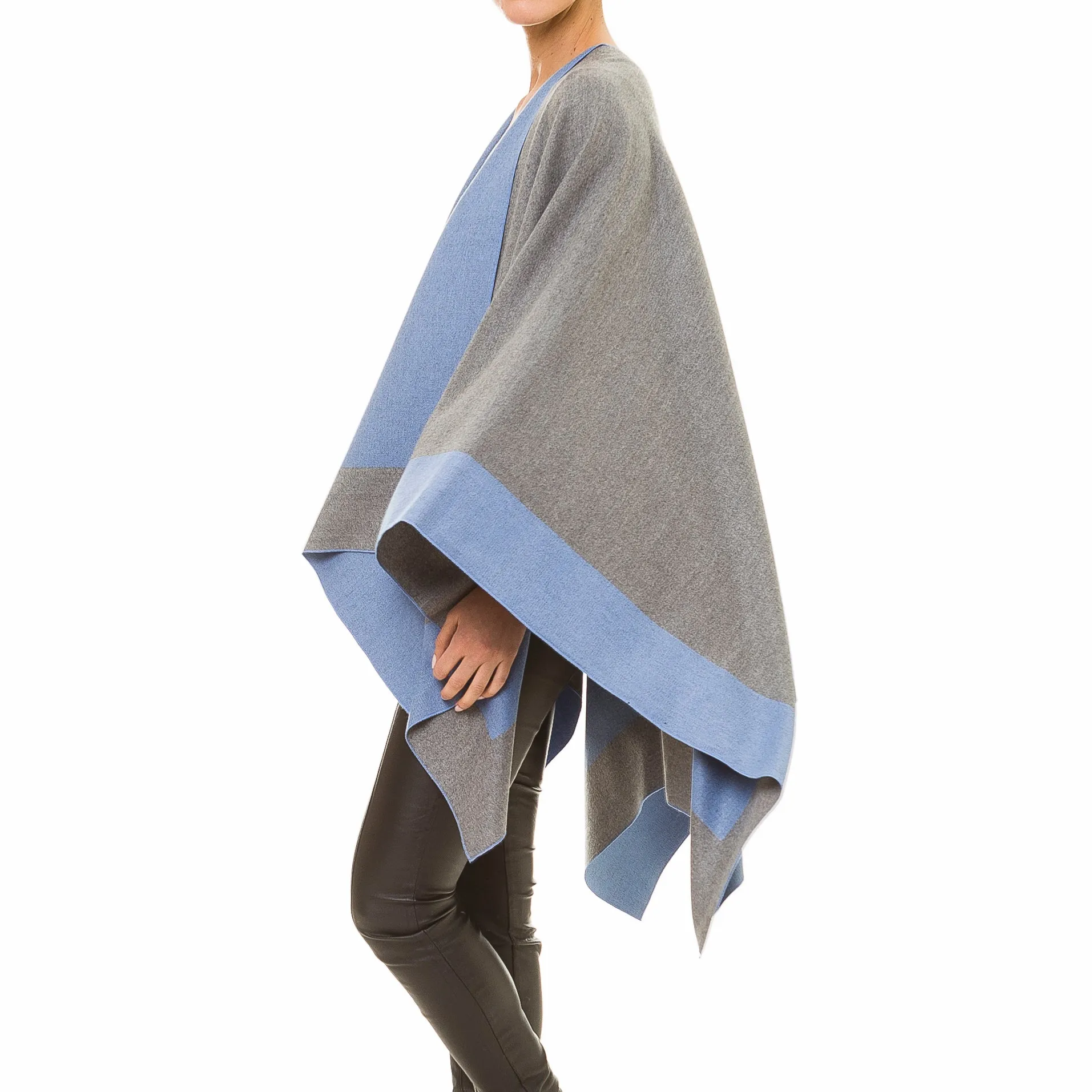 Women's Shawl Wrap Poncho Ruana Cape Cardigan Sweater Open Front (Gray Dark Blue)