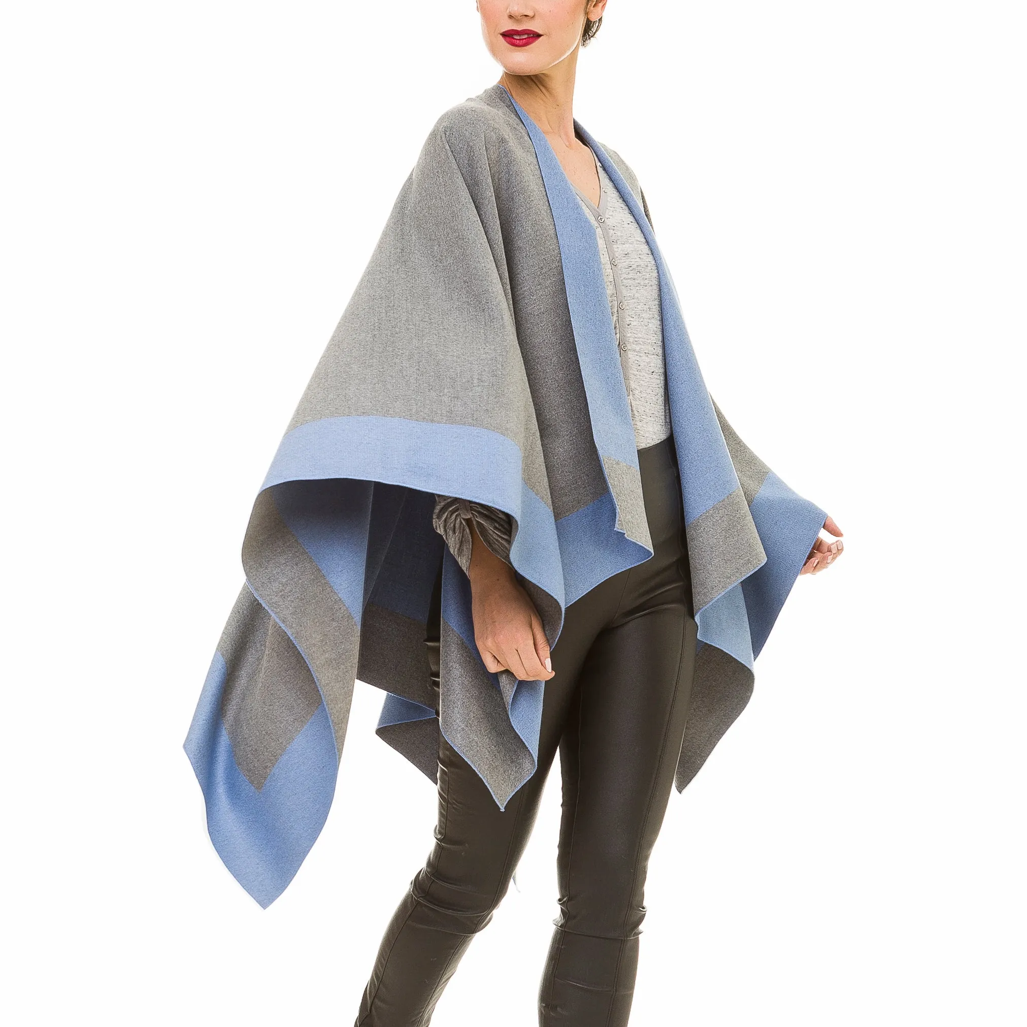Women's Shawl Wrap Poncho Ruana Cape Cardigan Sweater Open Front (Gray Dark Blue)