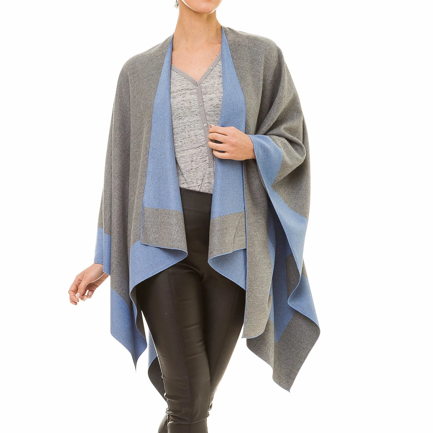 Women's Shawl Wrap Poncho Ruana Cape Cardigan Sweater Open Front (Gray Dark Blue)