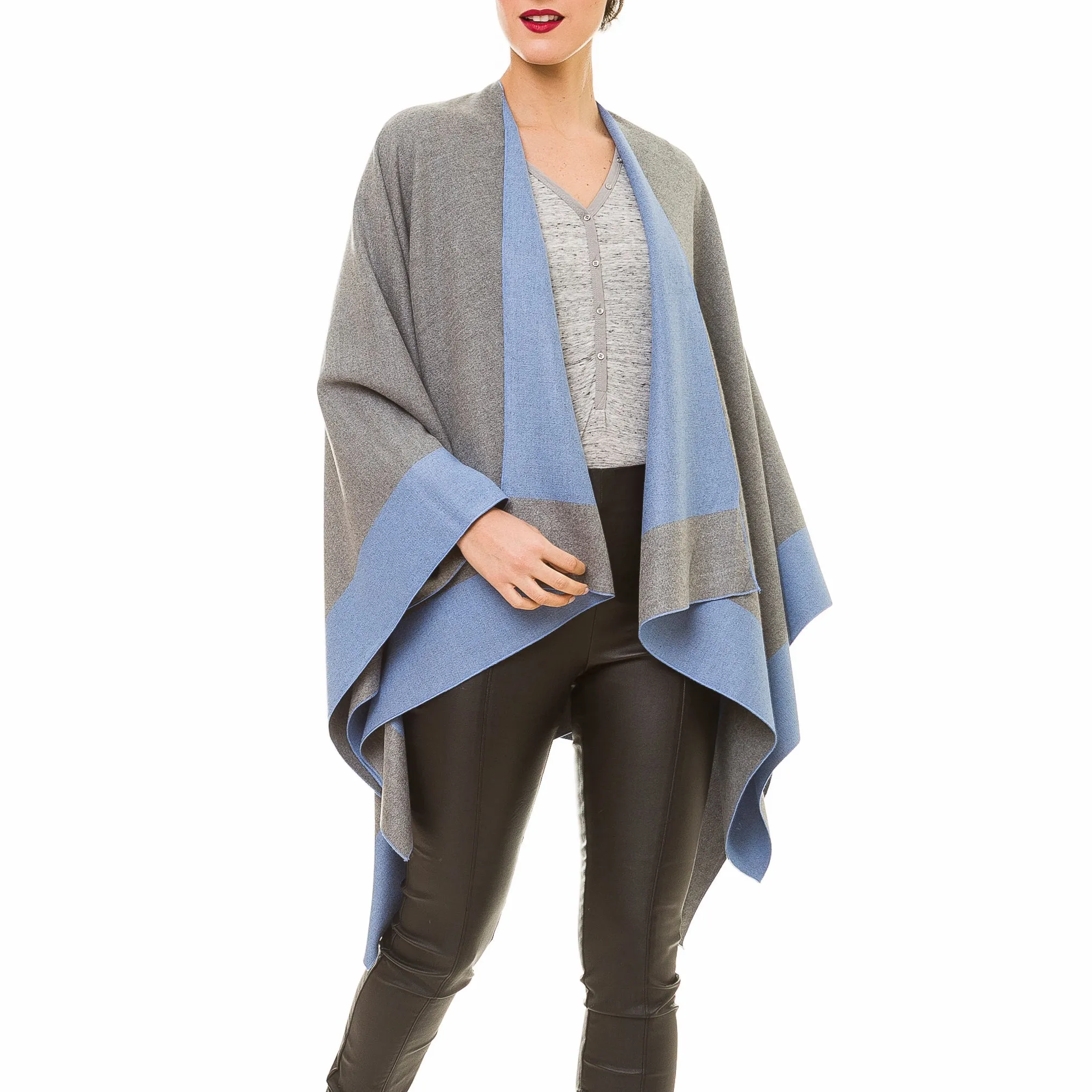 Women's Shawl Wrap Poncho Ruana Cape Cardigan Sweater Open Front (Gray Dark Blue)