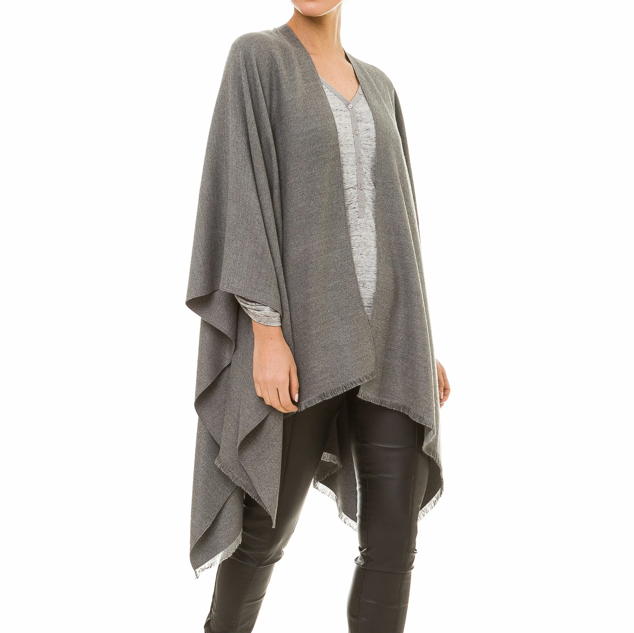 Women's Shawl Wrap Poncho Ruana Cape Cardigan Sweater Open Front (Gray)