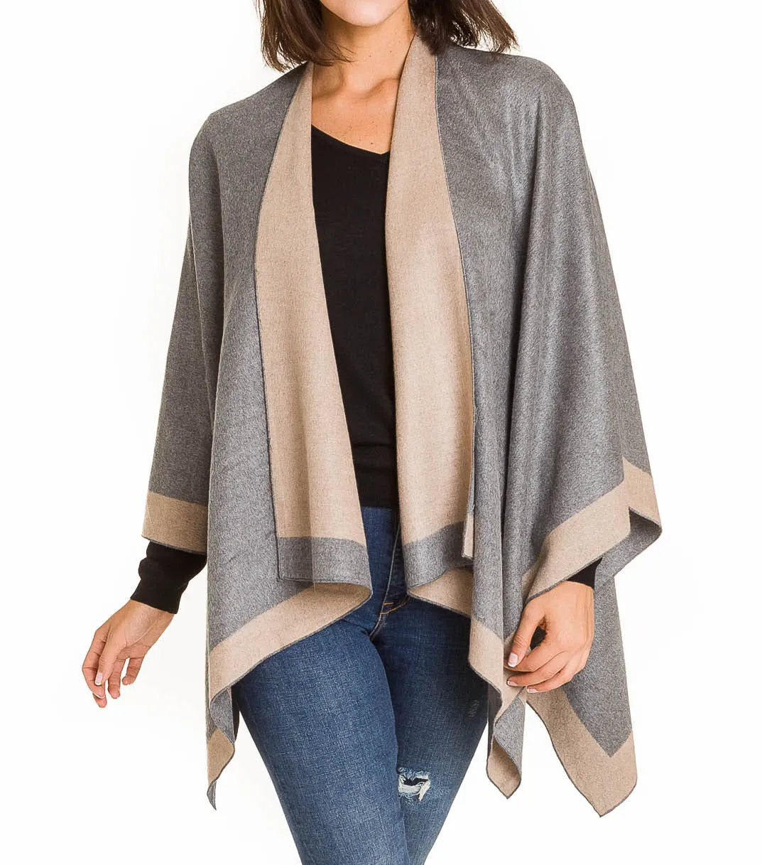 Women's Shawl Wrap Poncho Ruana Cape Cardigan Sweater Open Front (Light Gray Beige)