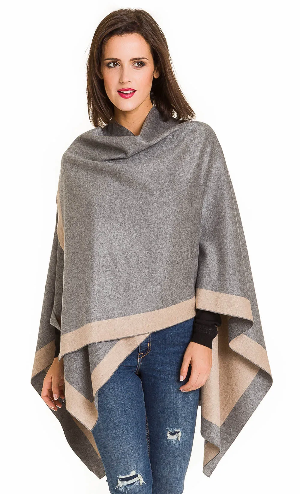Women's Shawl Wrap Poncho Ruana Cape Cardigan Sweater Open Front (Light Gray Beige)