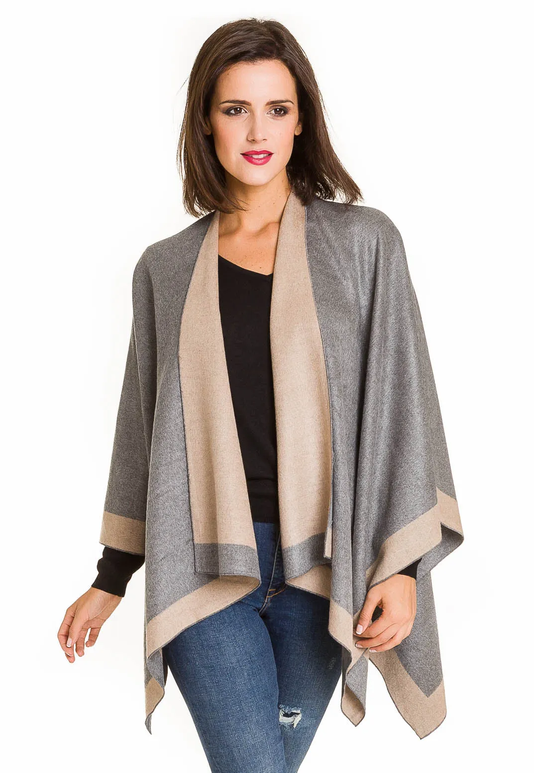 Women's Shawl Wrap Poncho Ruana Cape Cardigan Sweater Open Front (Light Gray Beige)