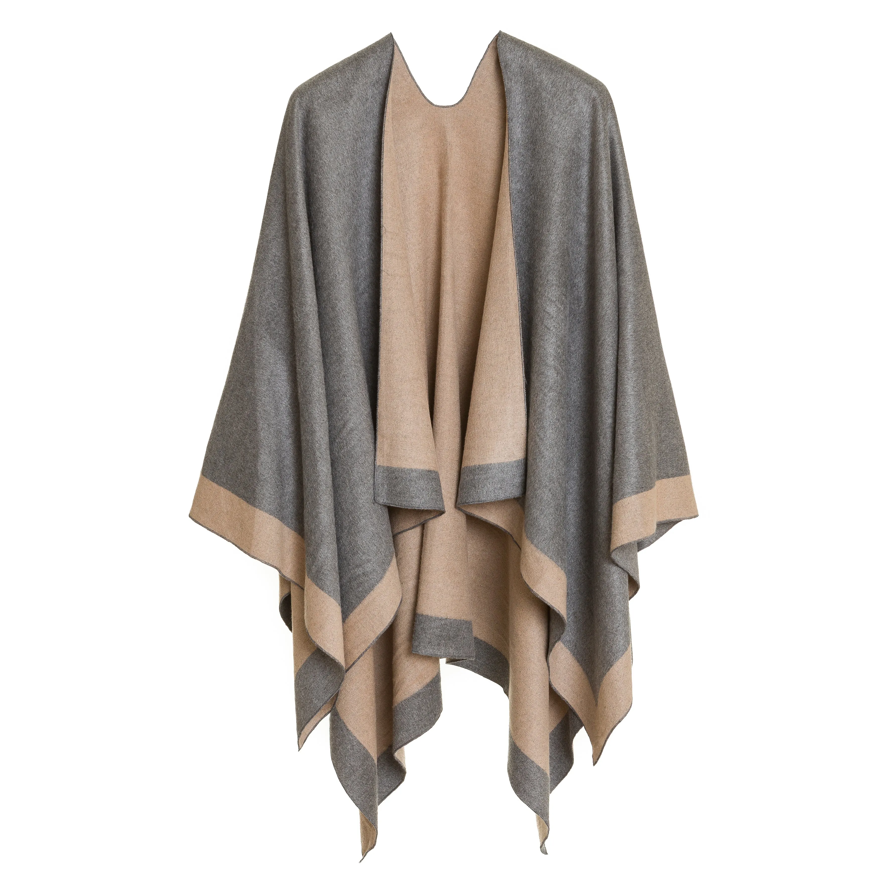 Women's Shawl Wrap Poncho Ruana Cape Cardigan Sweater Open Front (Light Gray Beige)