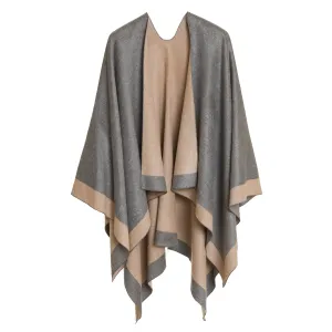 Women's Shawl Wrap Poncho Ruana Cape Cardigan Sweater Open Front (Light Gray Beige)